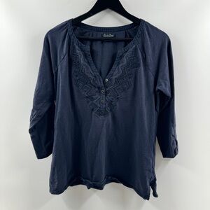 Lucky Brand Navy Blue Lace Detail V Neck Top Women’s Size Large